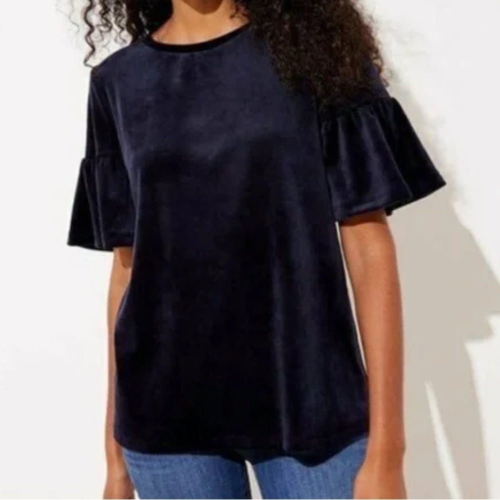 Ann Taylor LOFT soft velvet Navy Blue ruffle short sleeves top blouse Sz XL